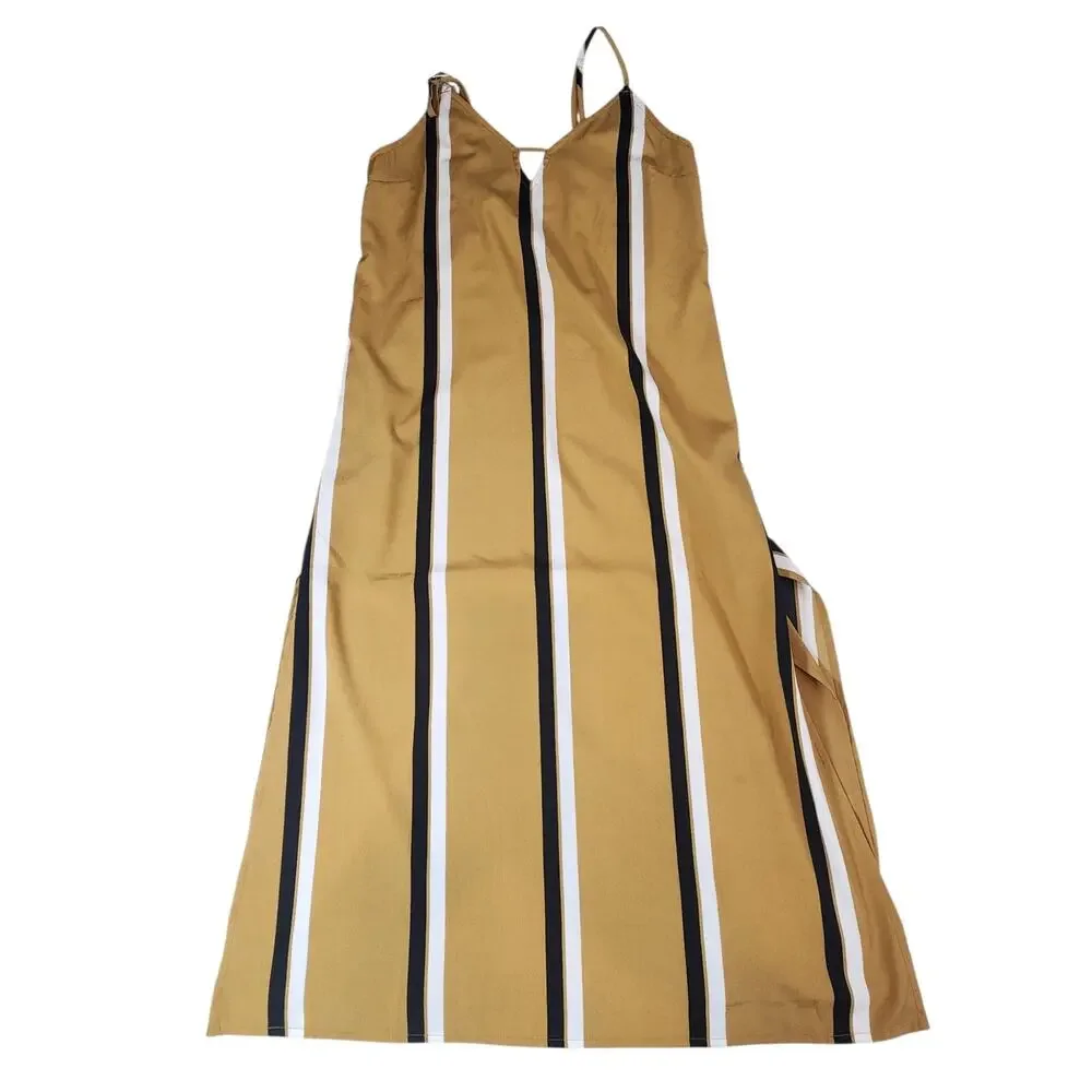 Society Amuse Mustard Stripe Midi‎ Dress Size Small slits lightweight  lined
